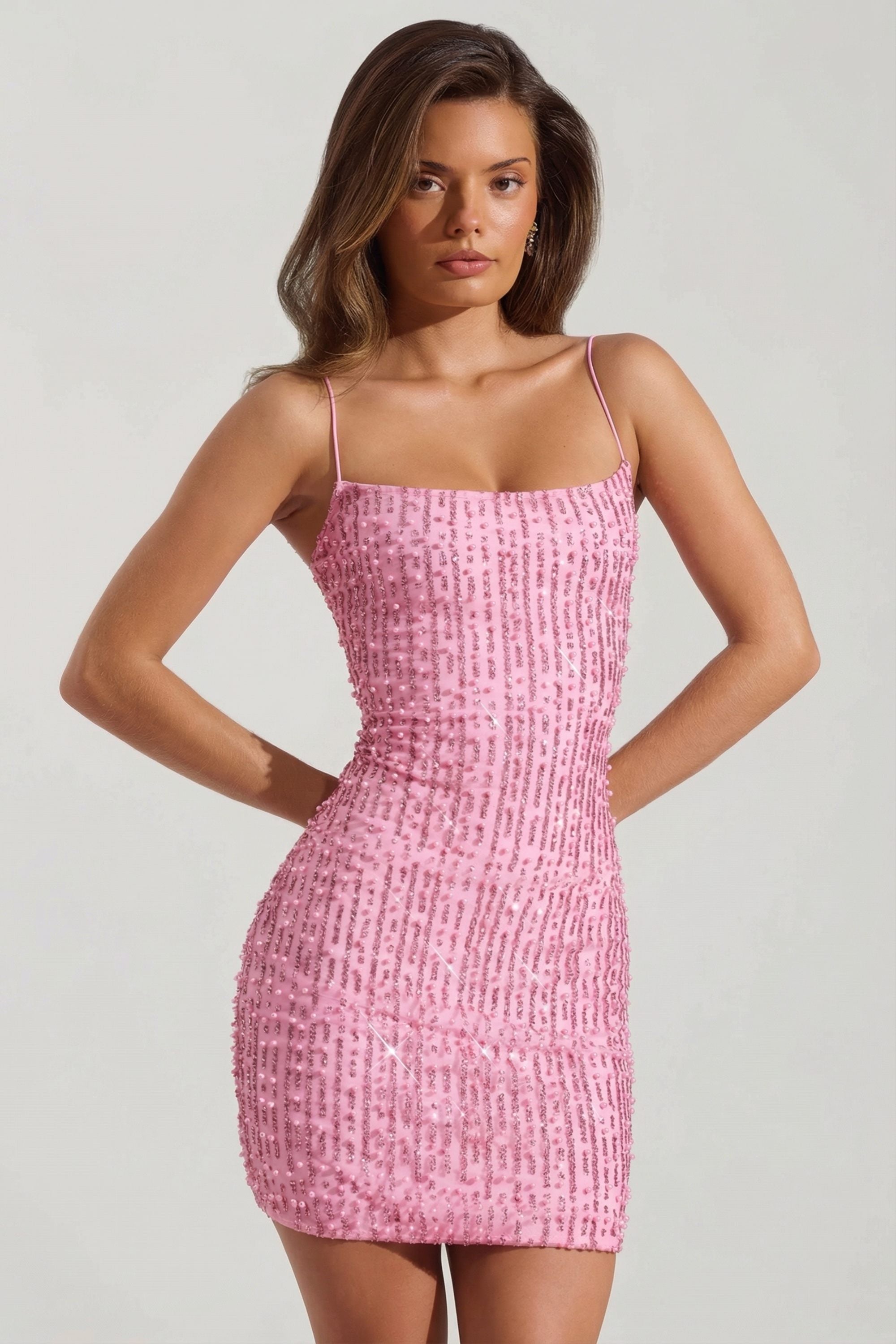 Lunetta - Embellished Scoop-Neck Bodycon Mini Dress in Pink