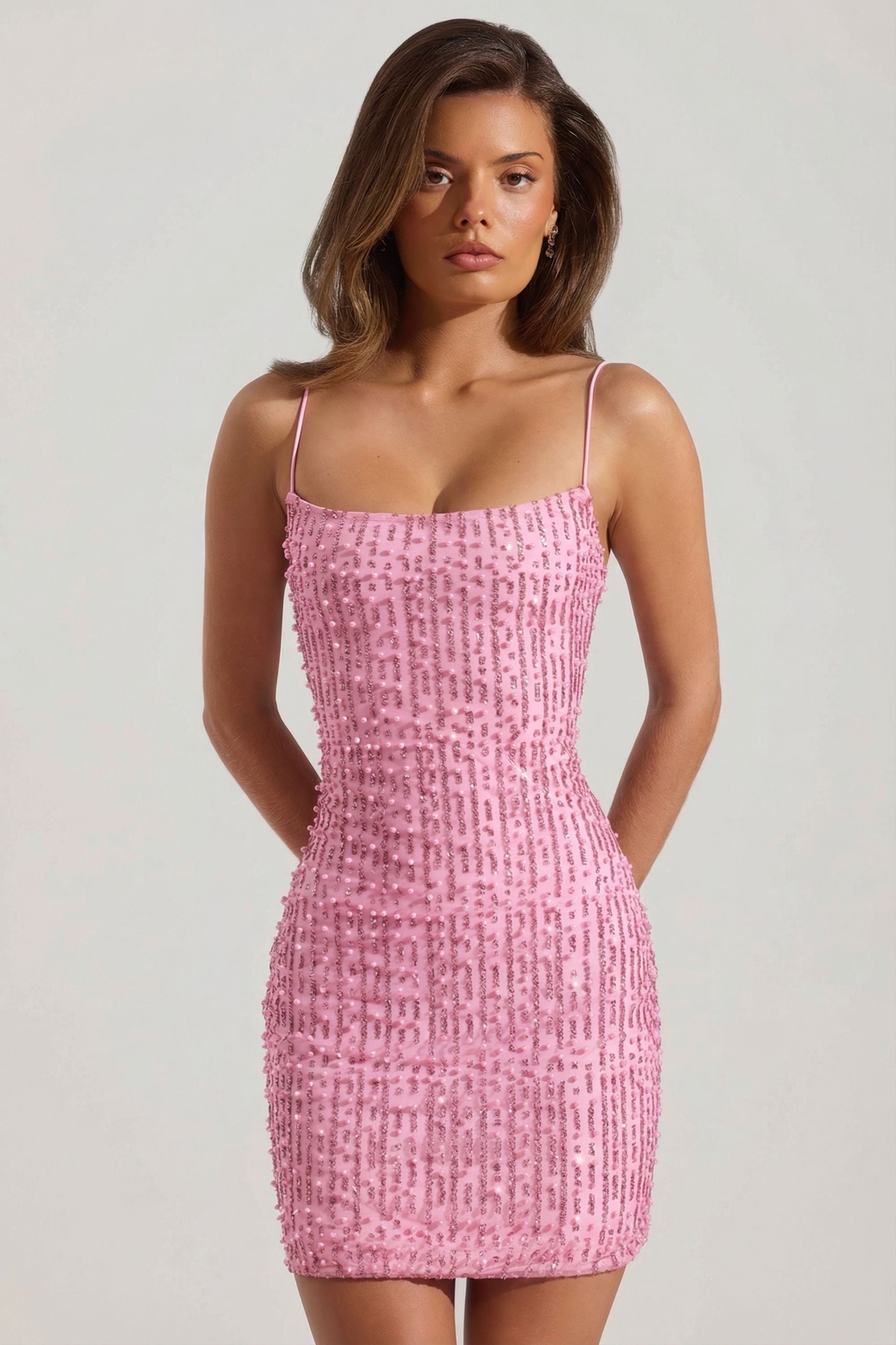 Lunetta - Embellished Scoop-Neck Bodycon Mini Dress in Pink
